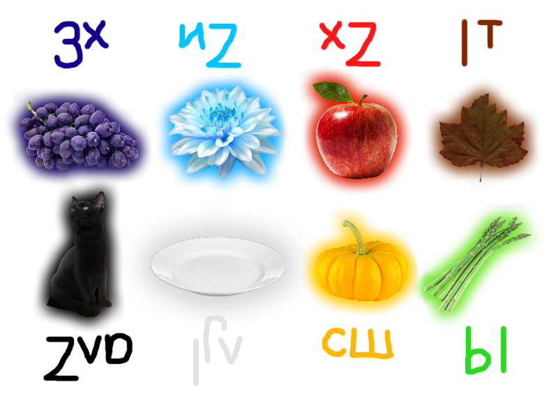 two rows of four stock images each with a glow effect of the Makway basic color term they represent, left-to-right top-top-bottom: cluster of grapes, cyan flower, red apple, brown leaf, black cat, white dish, golden pumpkin, green asparagus.